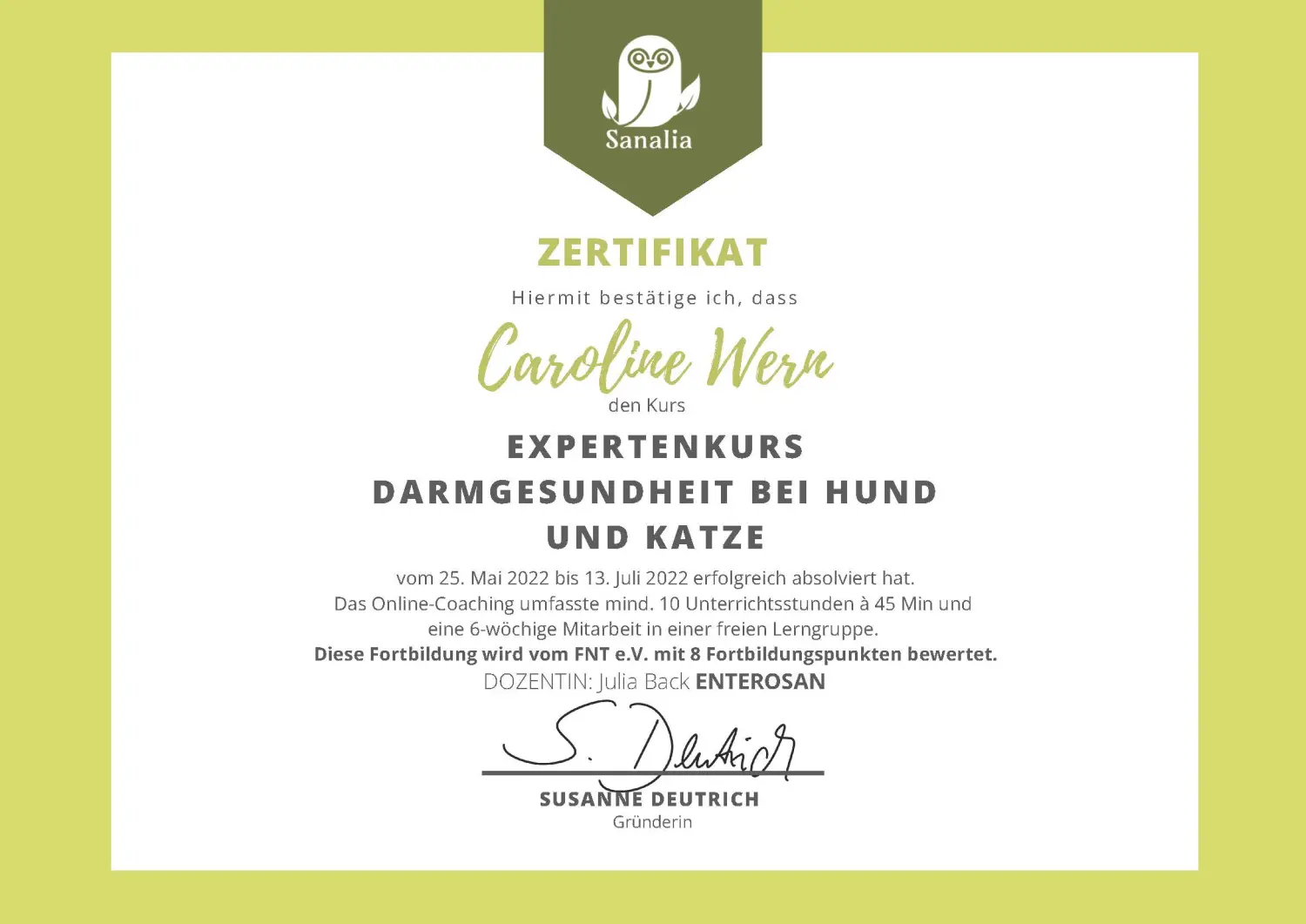 Kurszertifikat Caroline