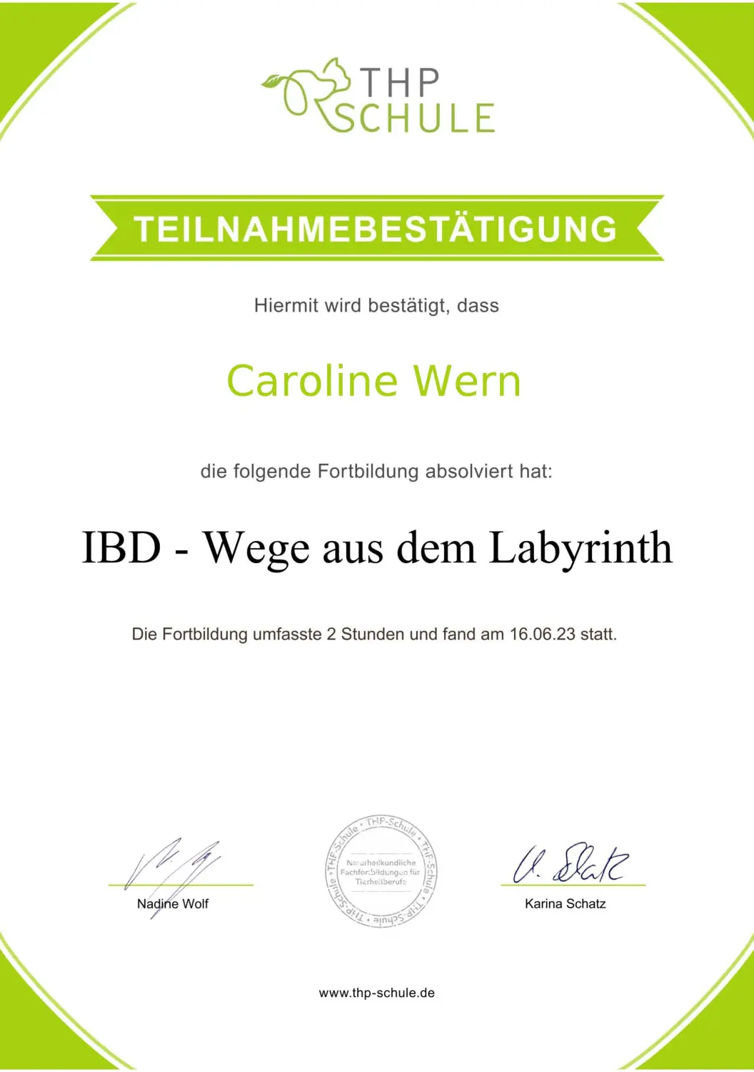 Teilnahmebestätigung von BARF mit Plan
