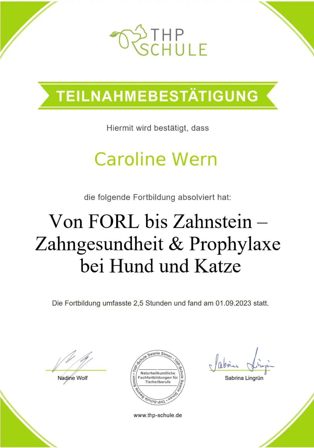 Teilnahmebestätigung von BARF mit Plan