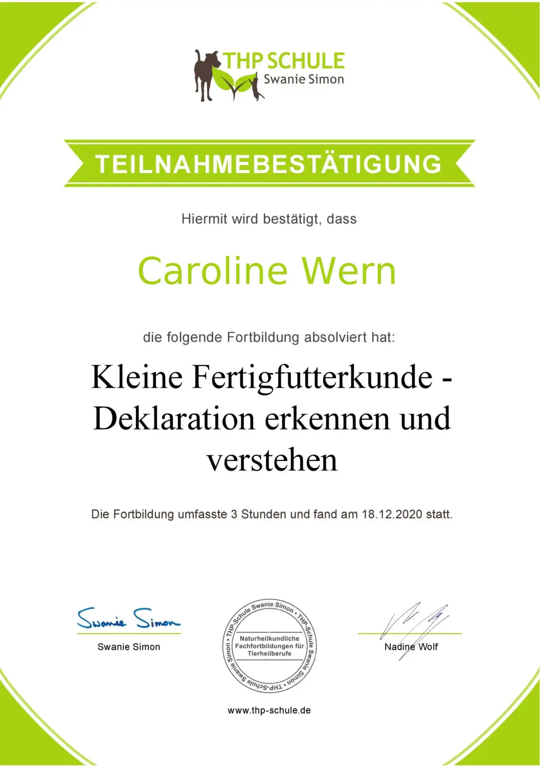 Teilnahmebestätigung von BARF mit Plan