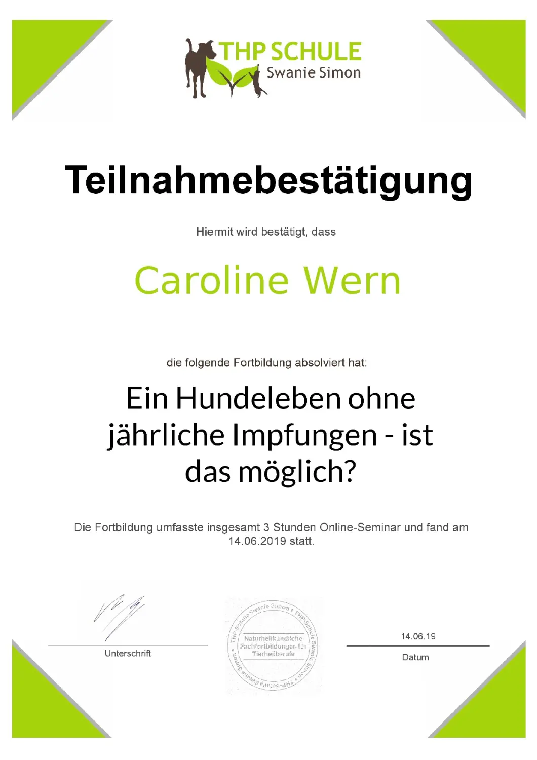 Teilnahmebestätigung von BARF mit Plan